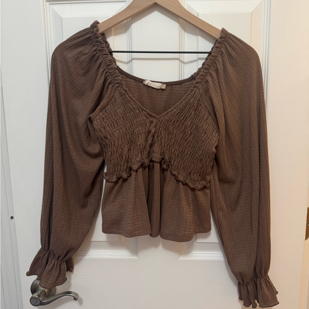 Altar’d State Brown Smocked Long-Sleeve Peplum Blouse